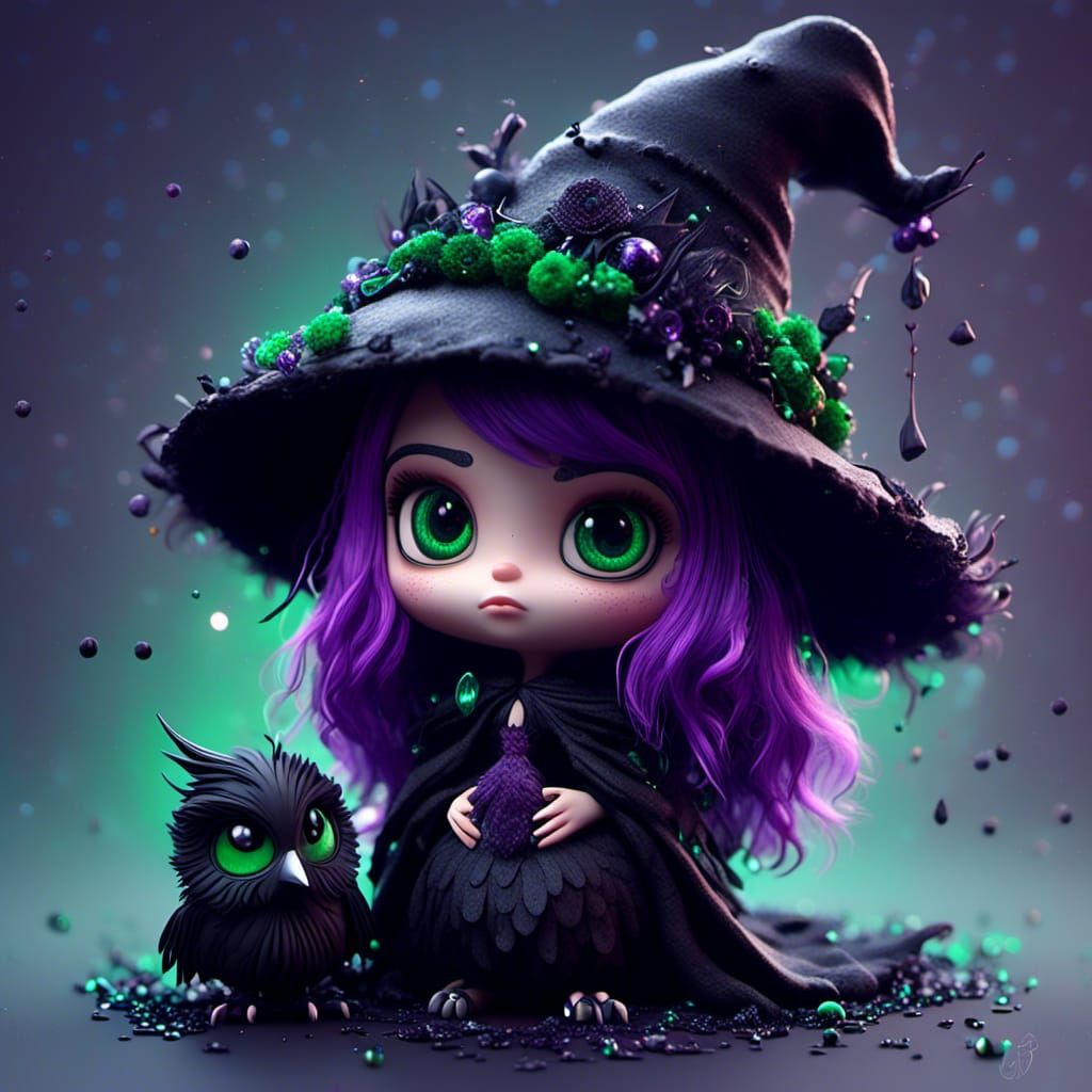 Magical Chibi Witch with Crow in Whimsical Darkness