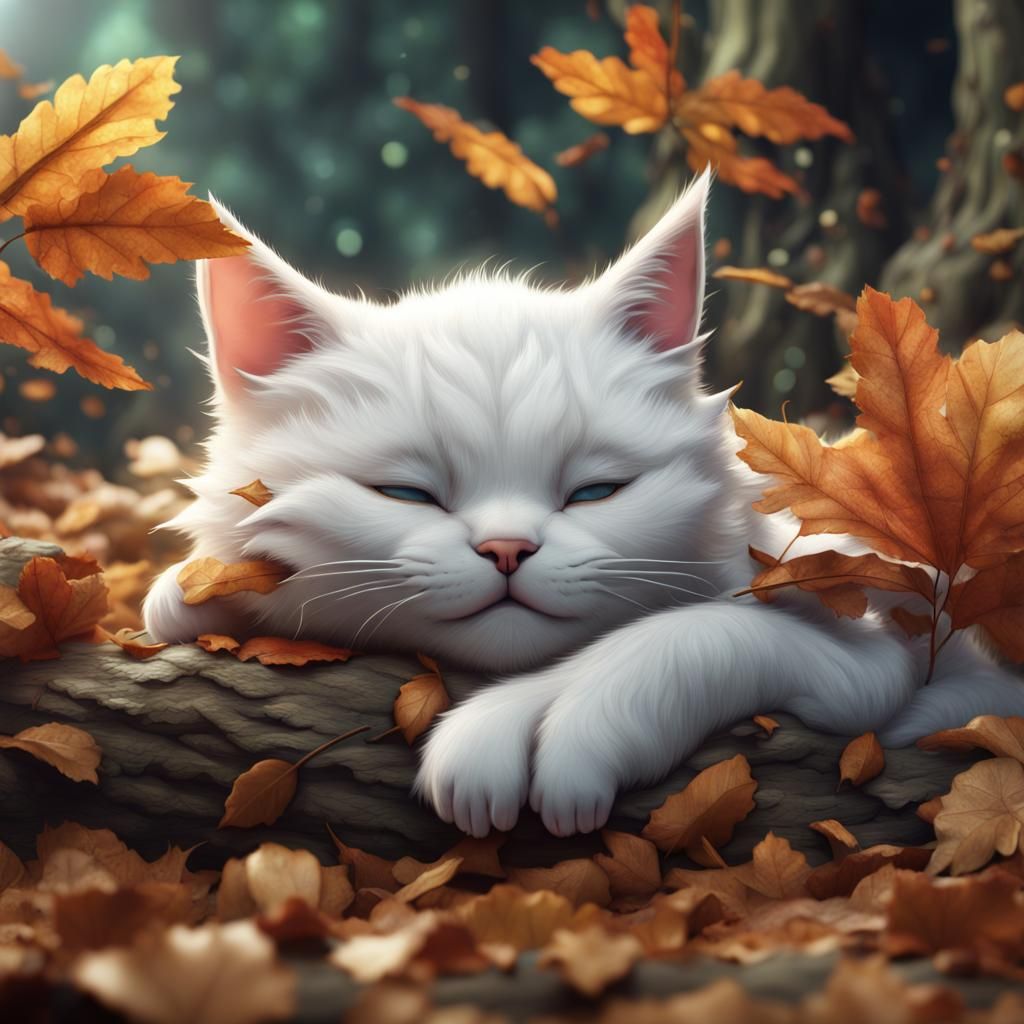 Three Adorable White Cat Kitten Babies Slumber Among Autumn...
