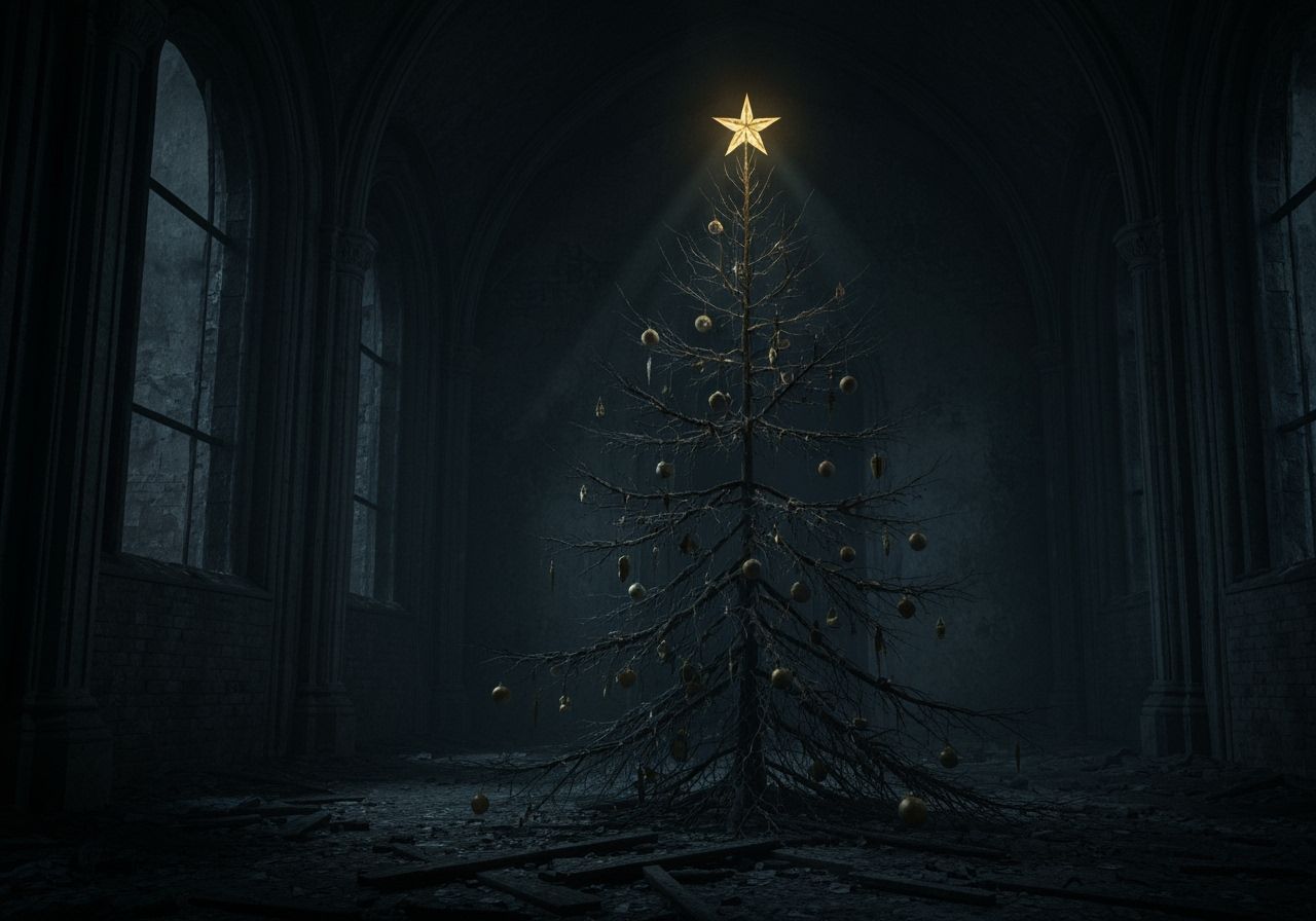Gothic Ruin Christmas Tree with Faint Golden Star