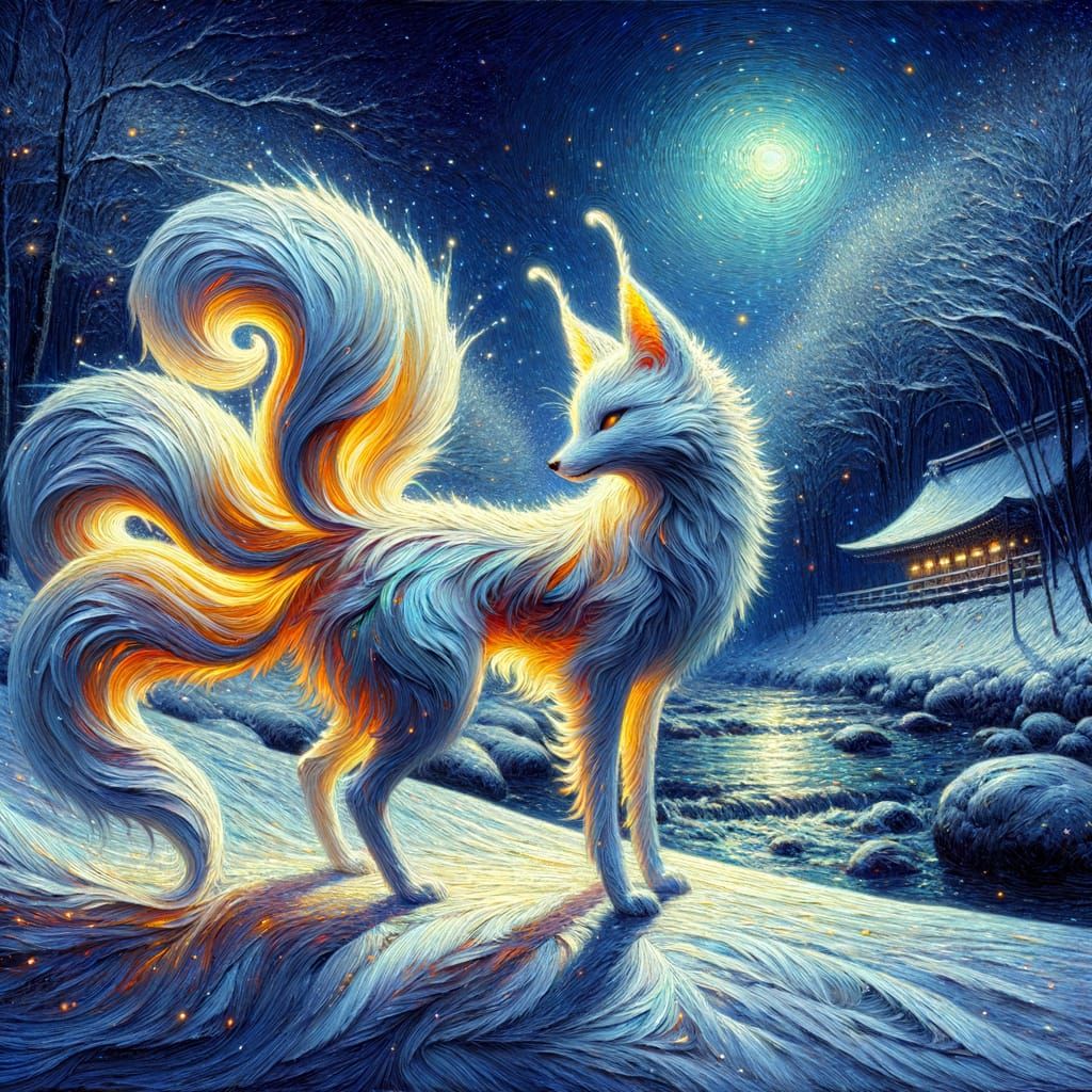 Ethereal Kitsune Serenade under Snowy Moonlight
