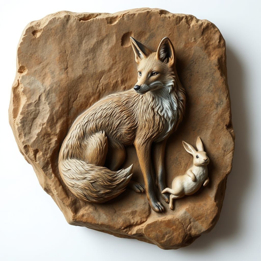 Fox and Rabbit Carved in Ancient Sandstone Relief