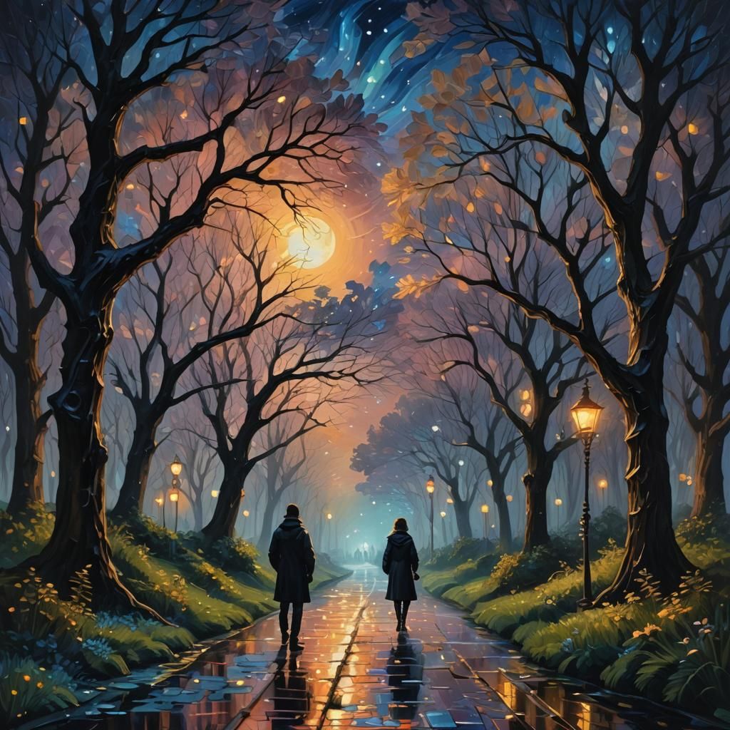 Ethereal Nighttime Scene in Iridescent Oil Painting
