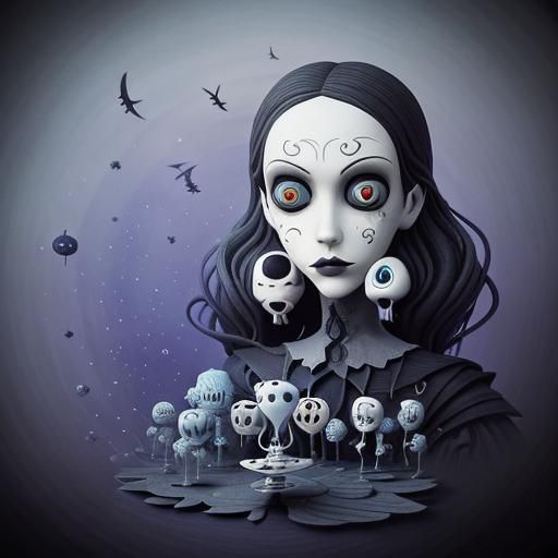 Whimsical Tim Burton-Inspired Scene in 3D with Muted Color P...