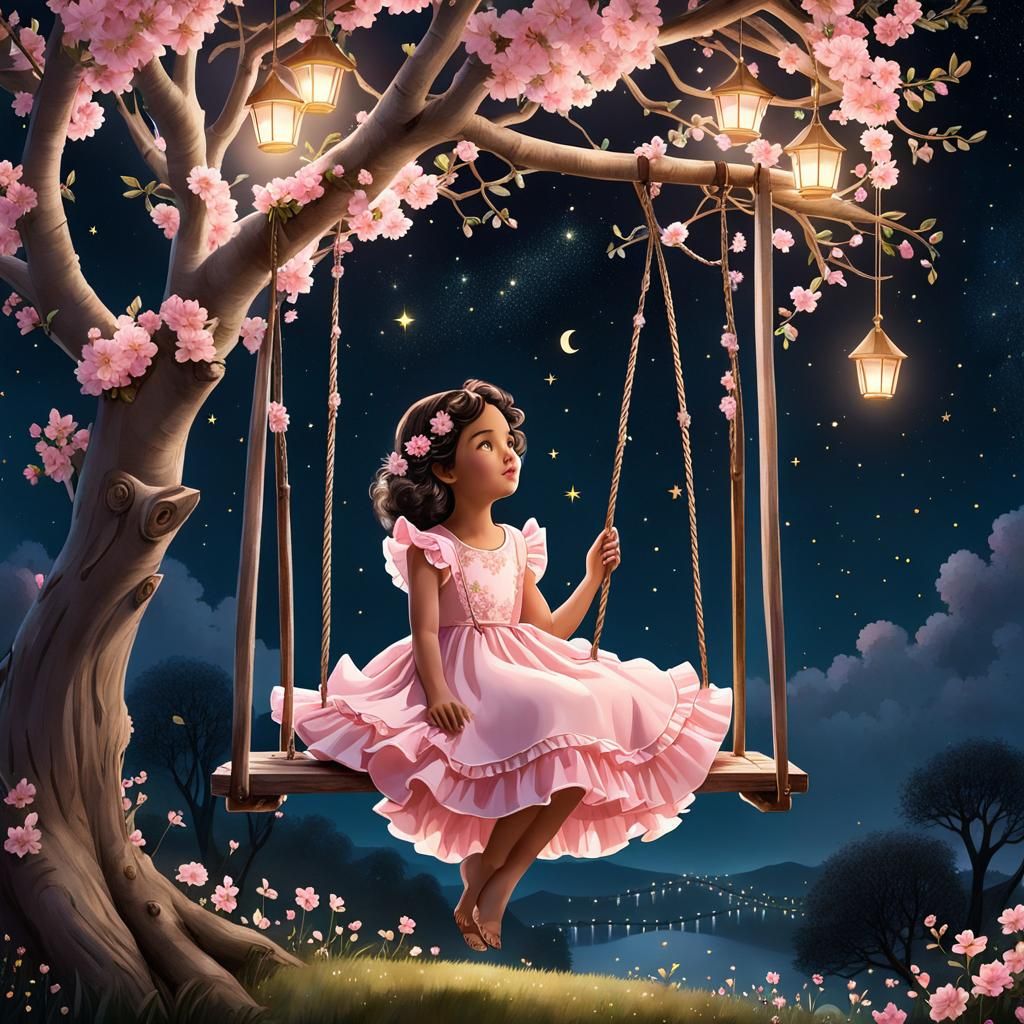 a child wearing a light pink ruffled dress, sitting on a woo...