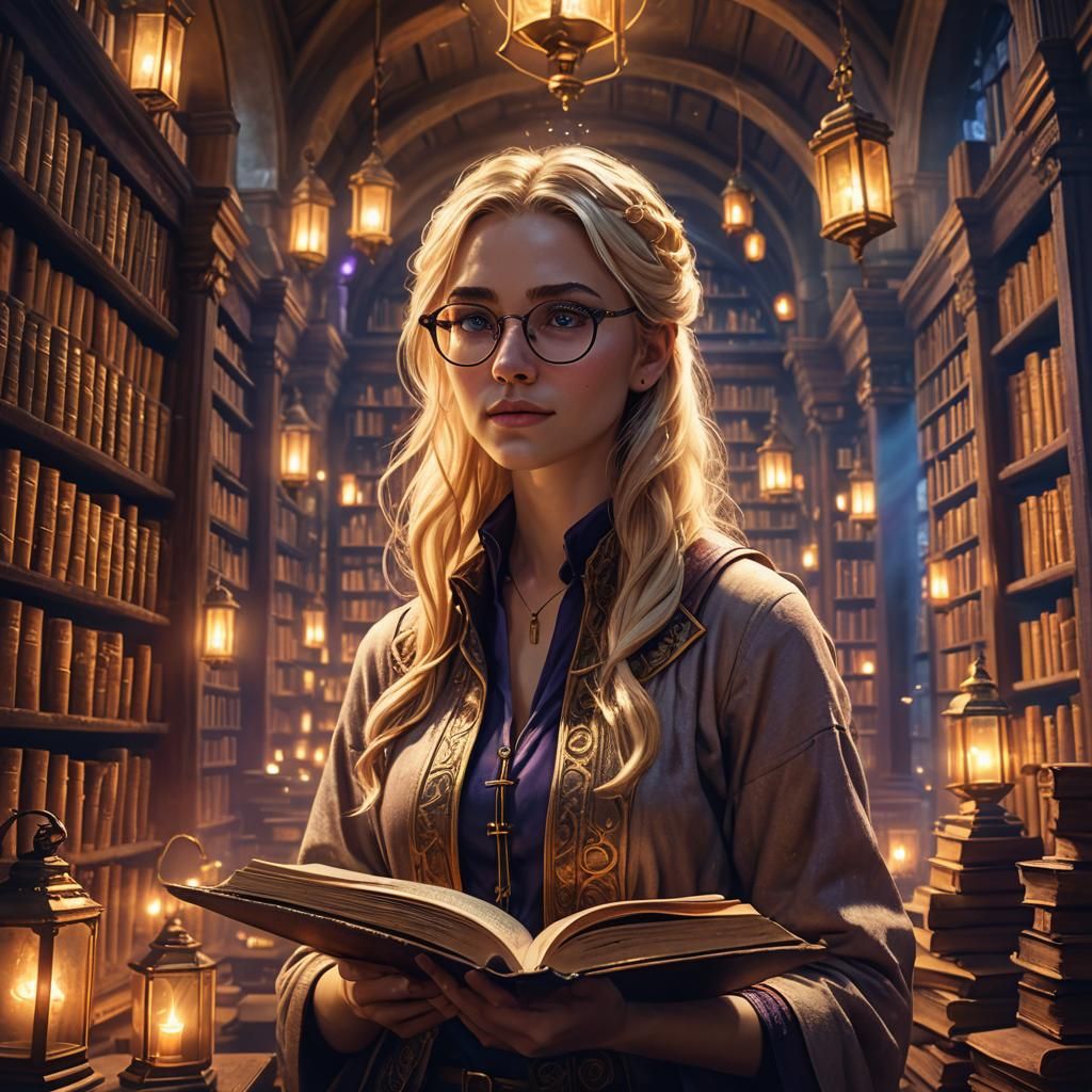 Warmly Lit Fantasy Library Scene with Blonde Girl