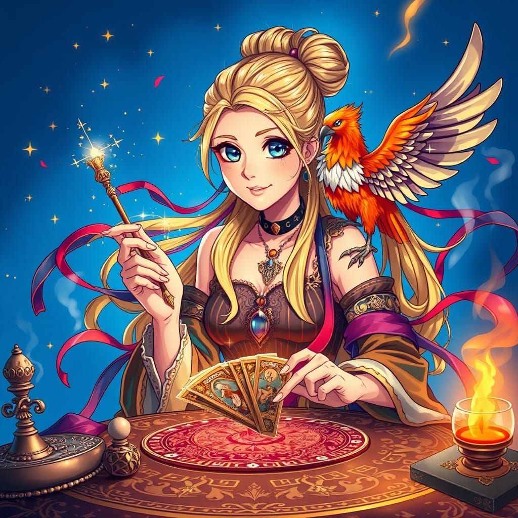 Mystical Tarot Reader with Phoenix and Sparkles in Vibrant B...