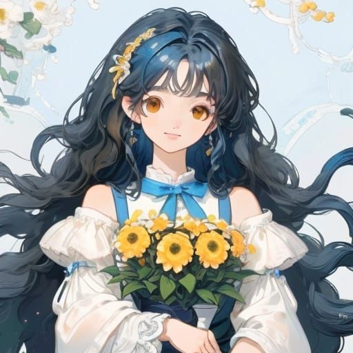 Anime Girl Portrait with Black and Blue Hair