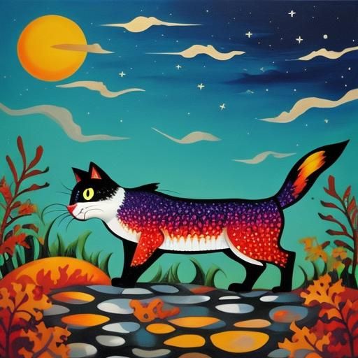 Vibrant Feral Cat in an Abstract Acrylic Art Landscape