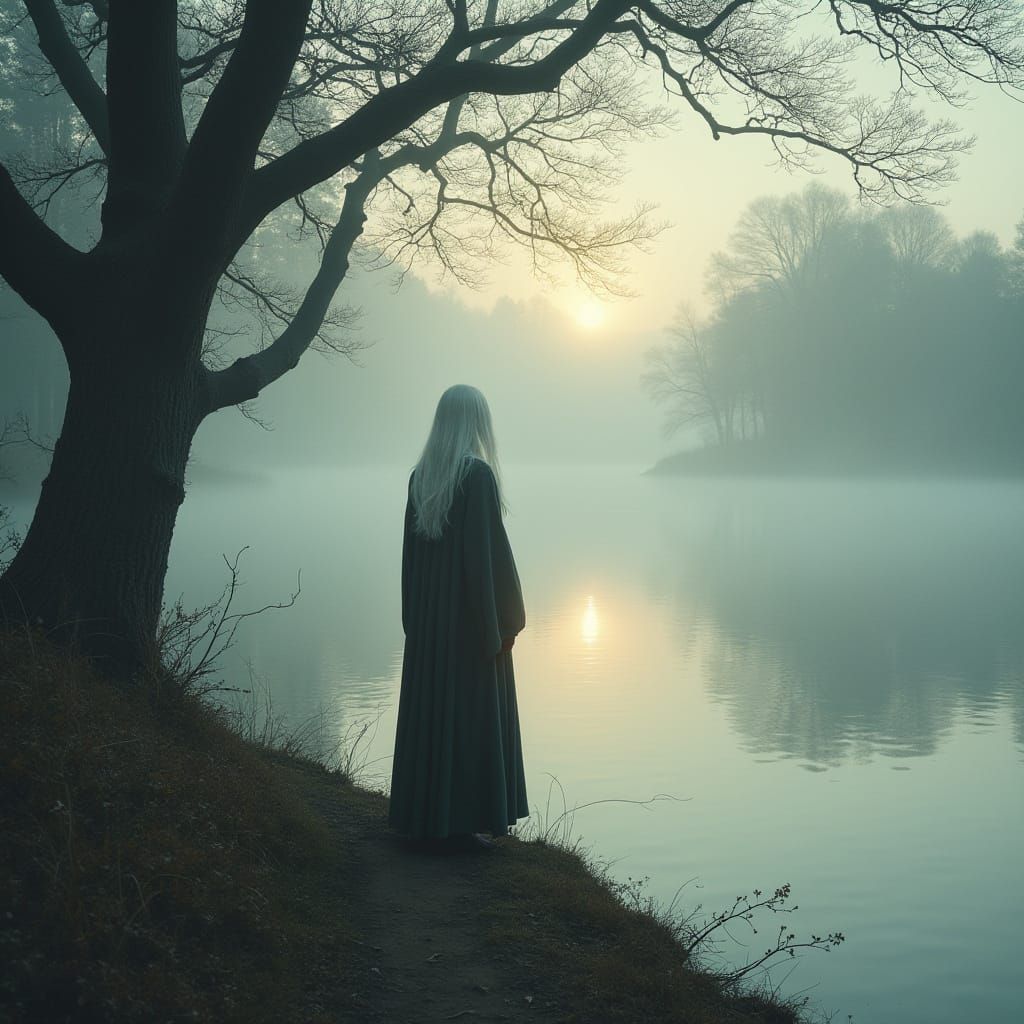 Mysterious Figure Stands by Misty Lake in Photorealistic Sty...