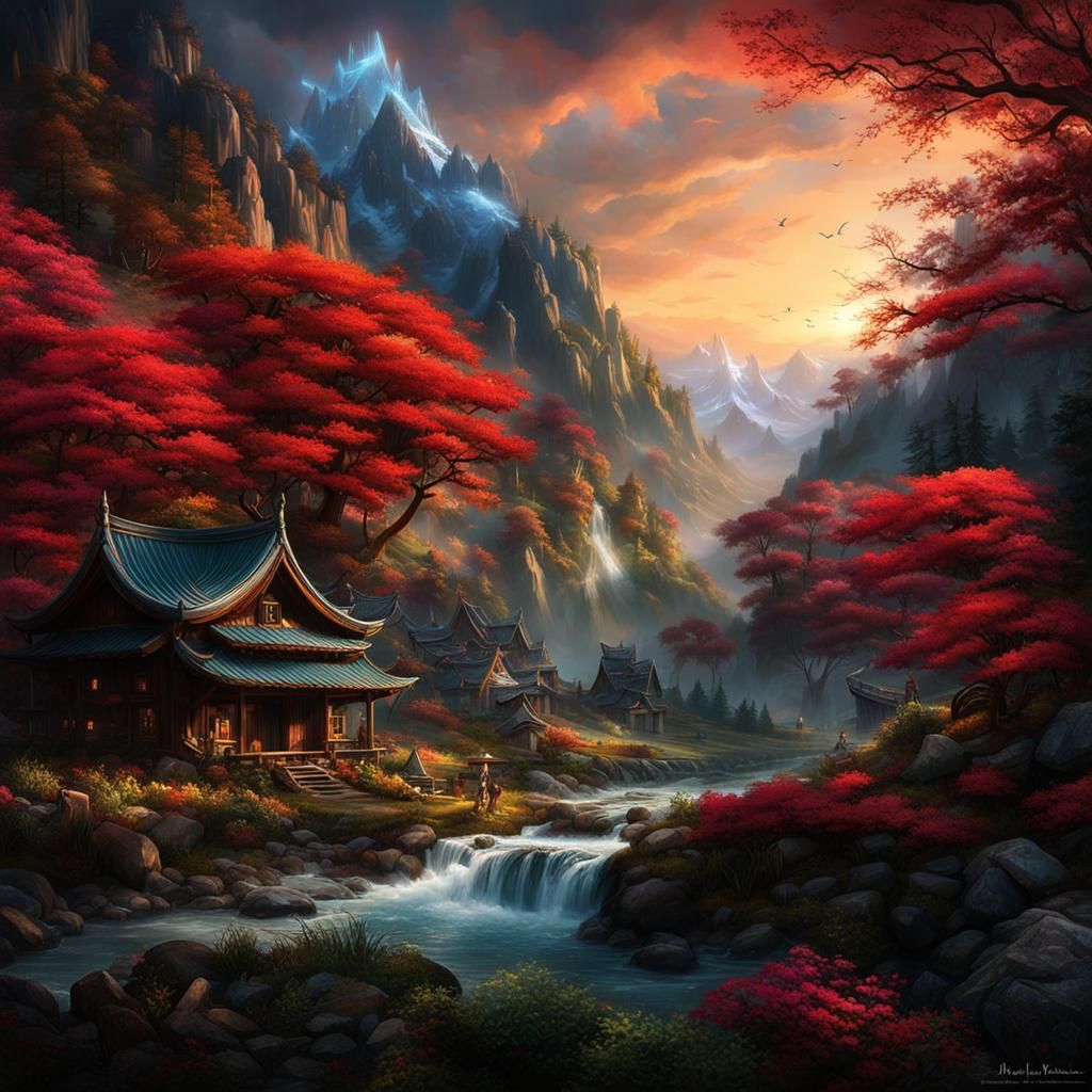 Serenity in the Red Forest: A Haunting Fantasy Realm