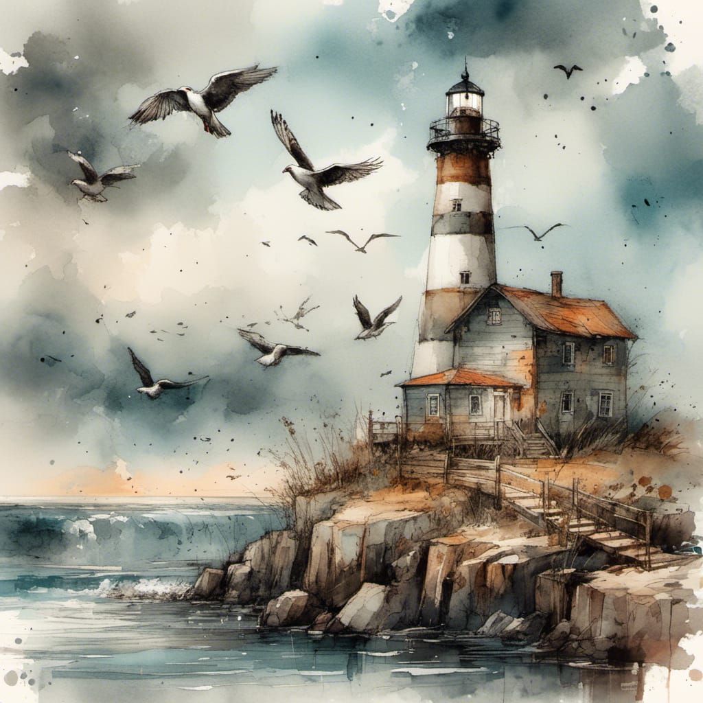 Luminous Summer Lighthouse Scene in Watercolor Style