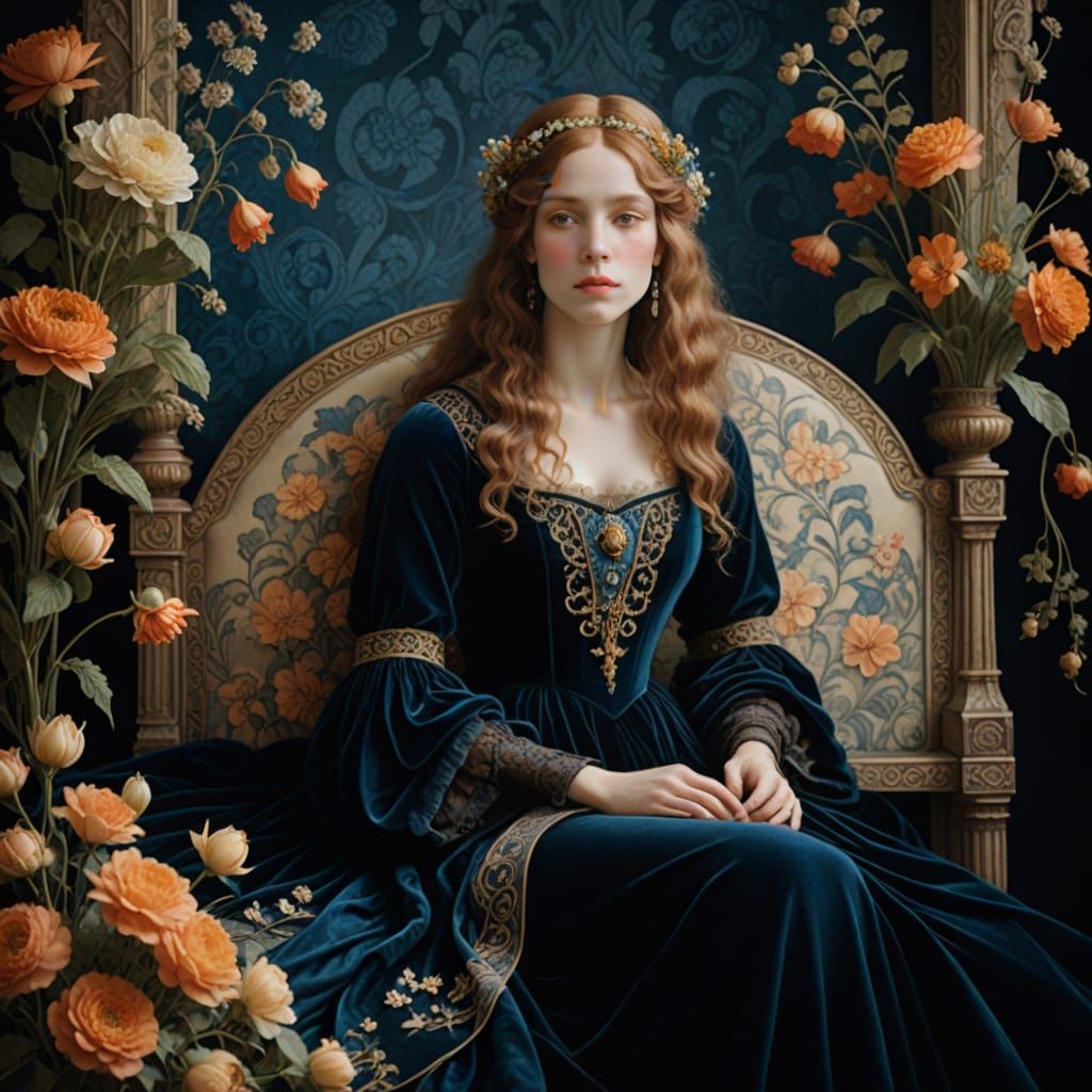 Pre-raphaelite woman in an elegant gown.