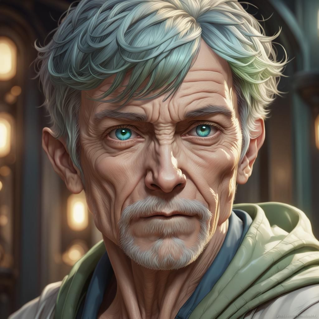 Hyperrealistic Portrait of a Man with Vibrant Green Hair