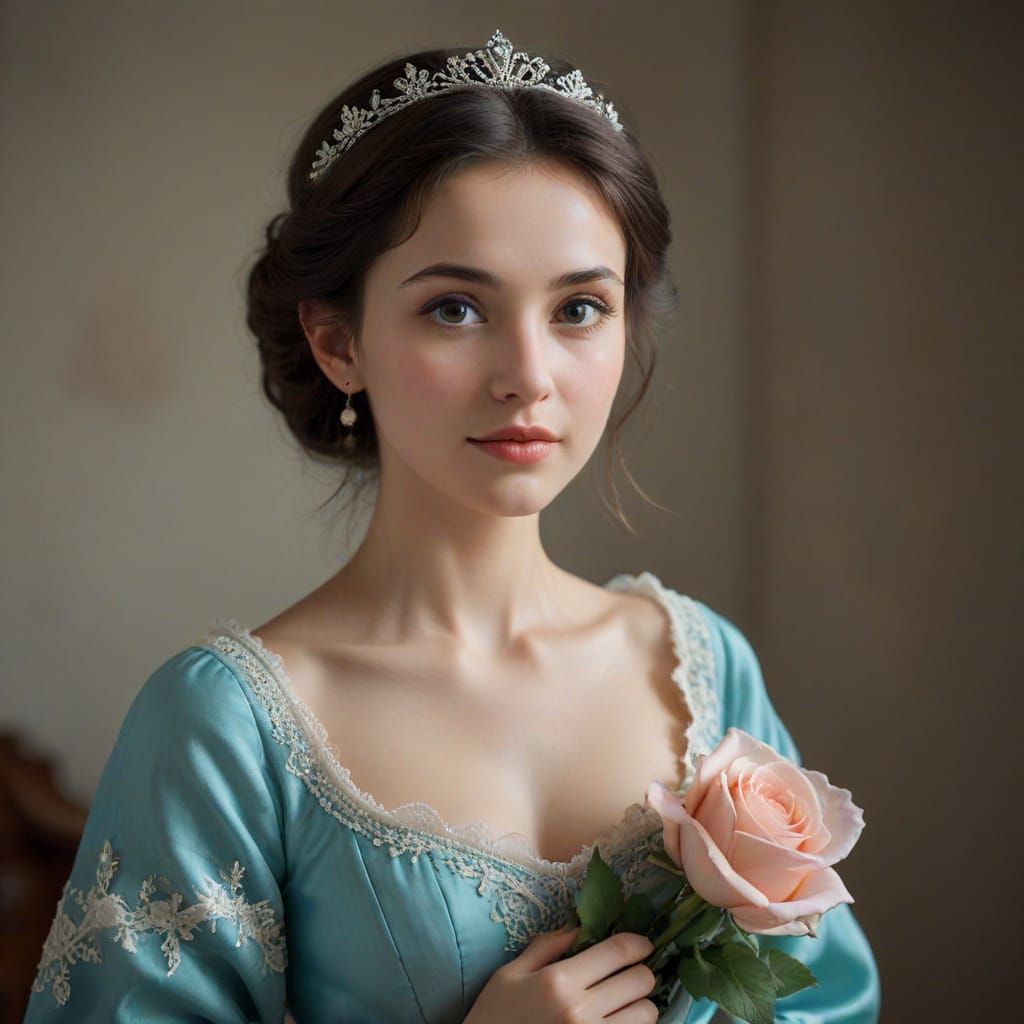 Young Woman in Purple Dress With Blue Rose