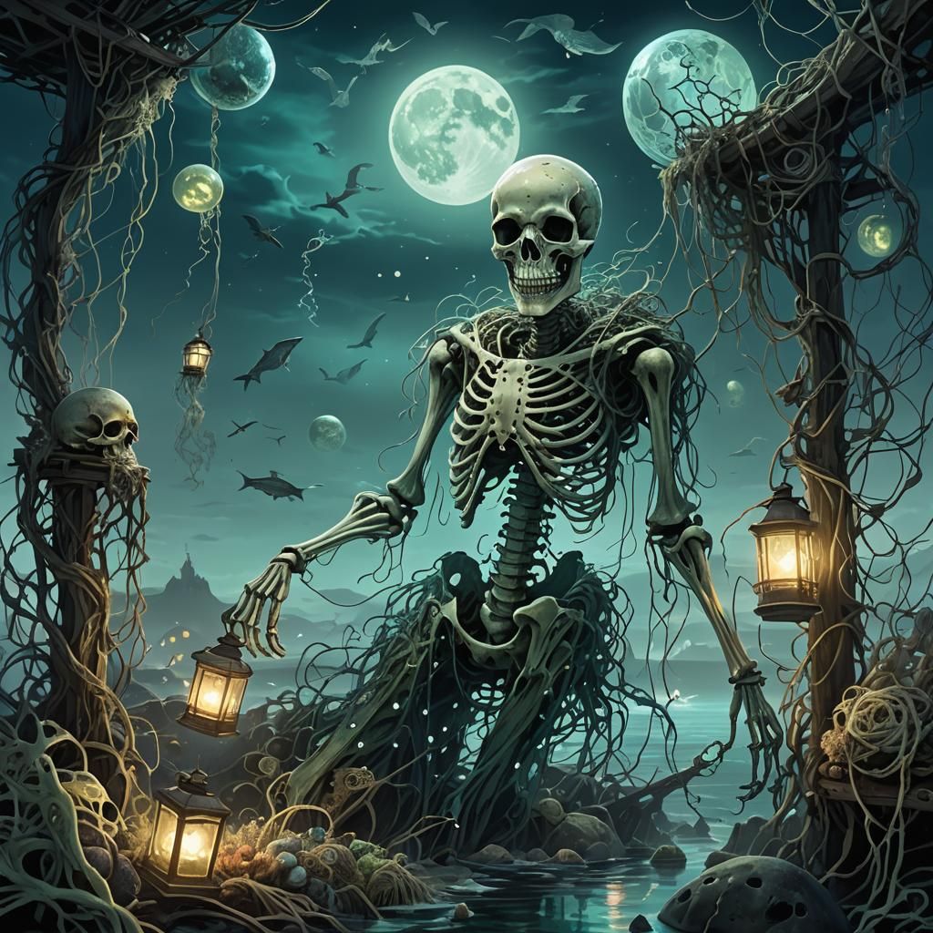 Macabre Sea Skeleton Illuminated by Lunar Glow