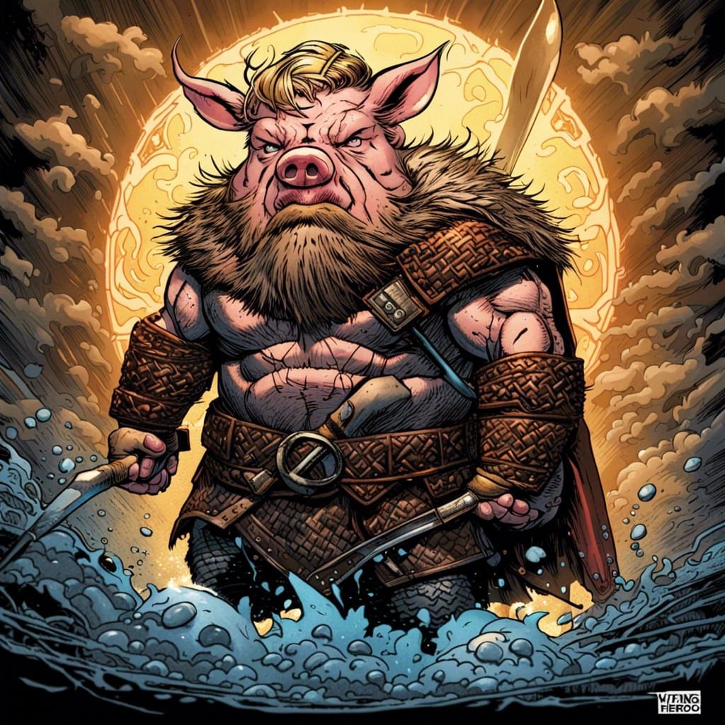 Viking Pig Hero in Comic Book Style