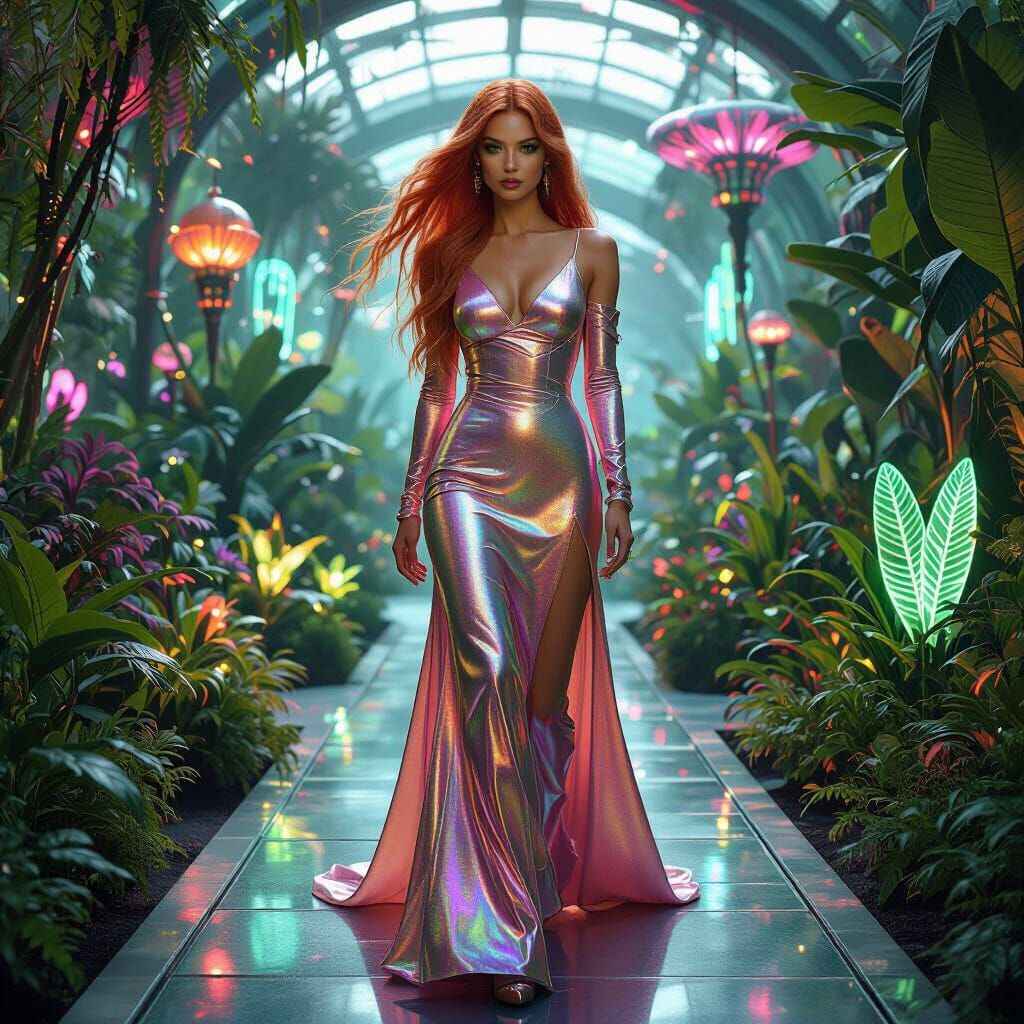 Futuristic Woman in Botanical Garden, Cyberpunk Style