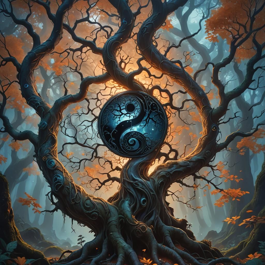 Vibrant Yin Yang Tree in Mystical Forest, Oil Painting Style