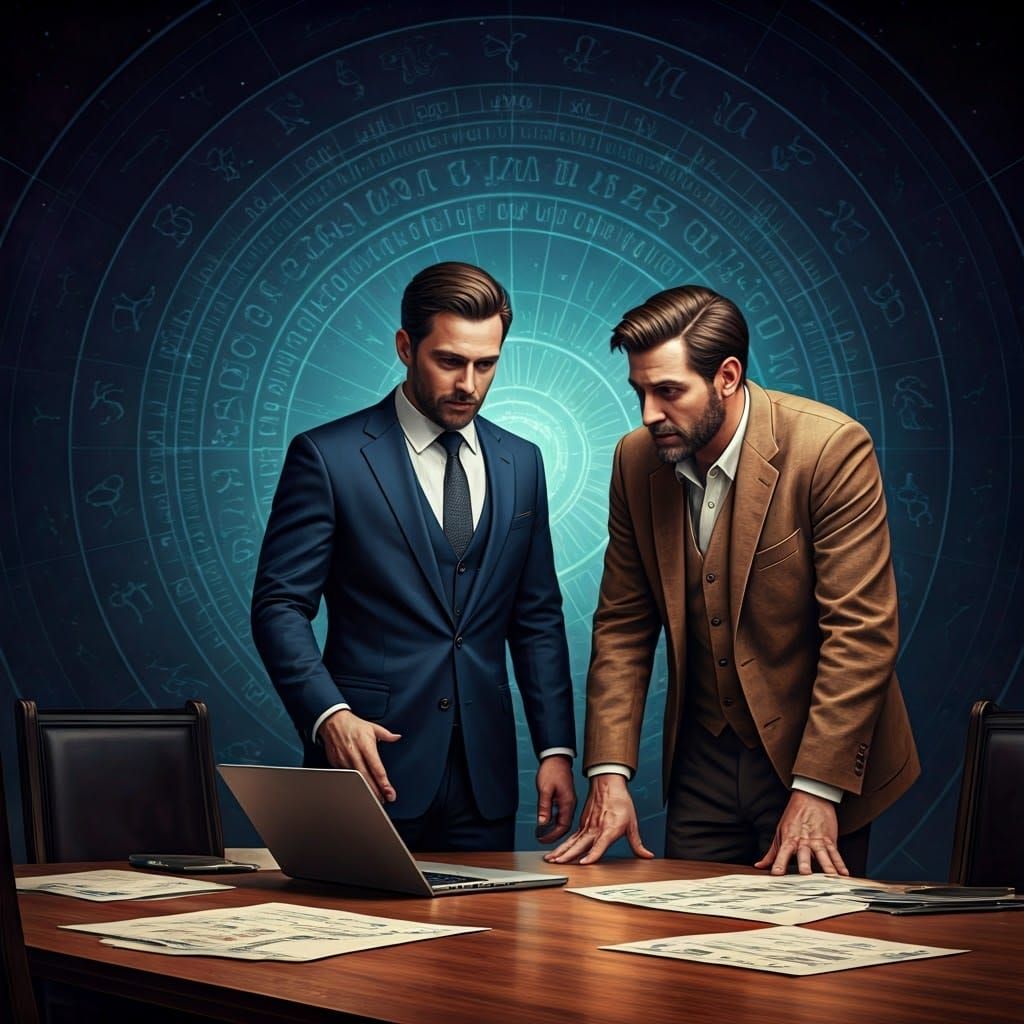 Two Men Engaged in High-Stakes Discussion Amidst Astrologica...