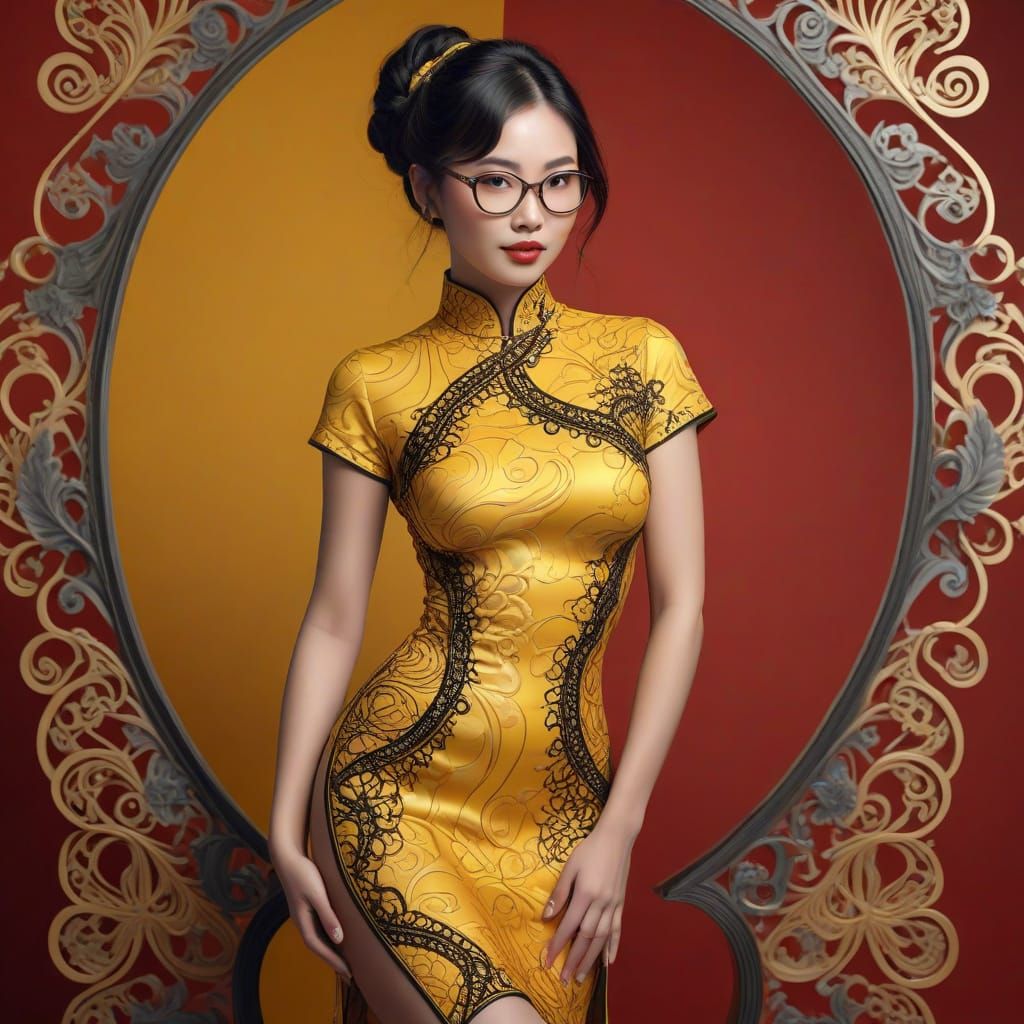 Elegant Chinese Woman in Qipao, Gil Elvgren Style