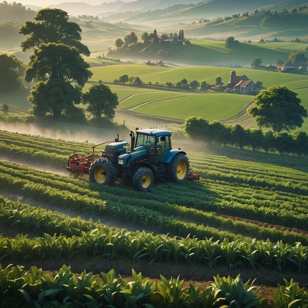 Farmers Amidst Morning Glory in a Vibrant Fantasy Landscape