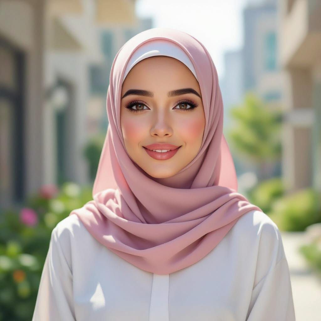 Elegant Hijabi Woman Smiling in Minimalist Painting