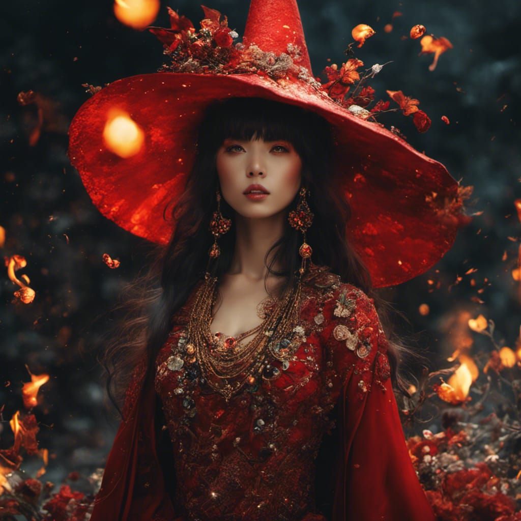 Magical Fire Witch in Medieval Red Hat