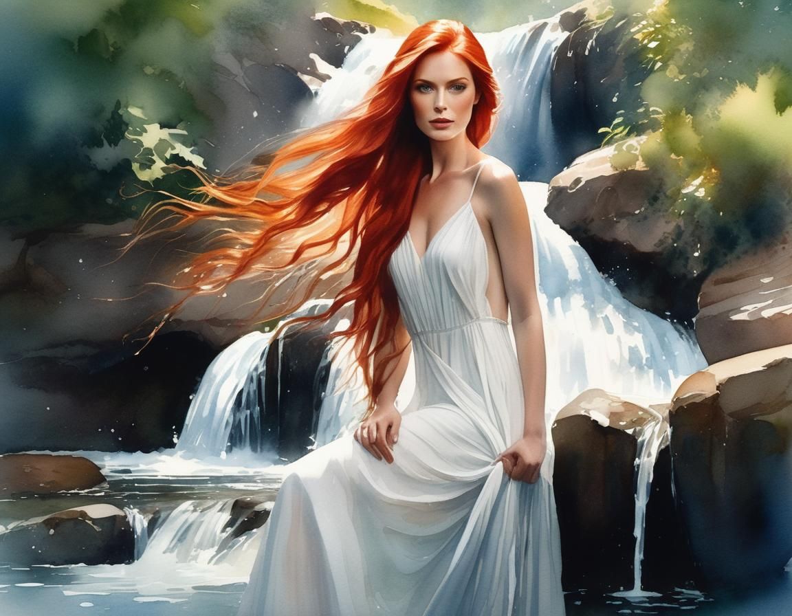 Stunning Watercolor Portrait of a Red-Haired Woman in a Flow...