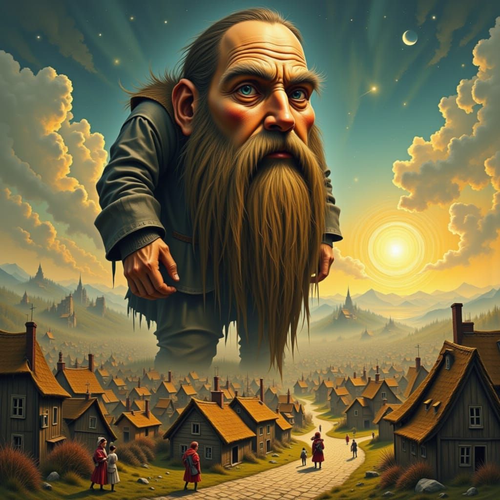 Giant in Tiny Village, Storybook Illustration Style