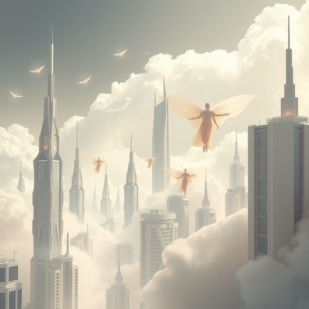 Futuristic Cityscape with Hovering Beings in Sci-Fi Style