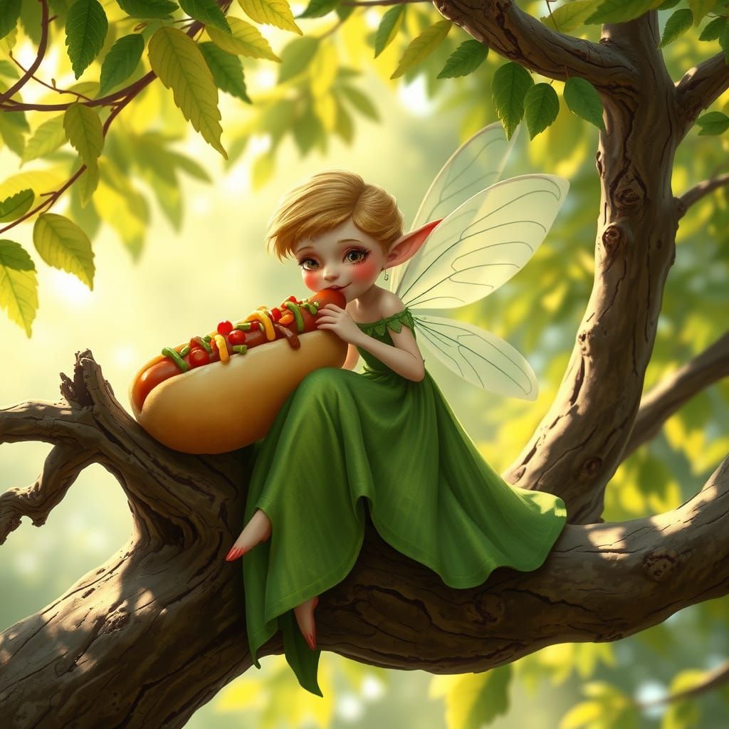 Mystical Fairy Savoring Hotdog Amidst Whimsical Tree
