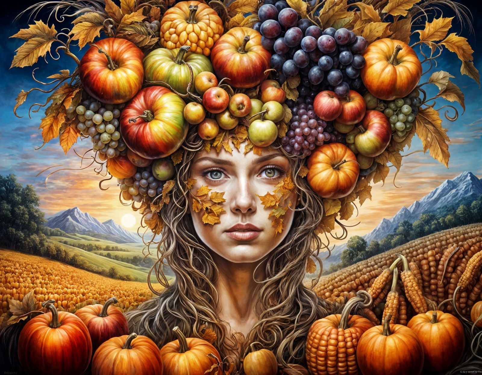 Fall Harvest Mother in Intricate Double Exposure Portrait