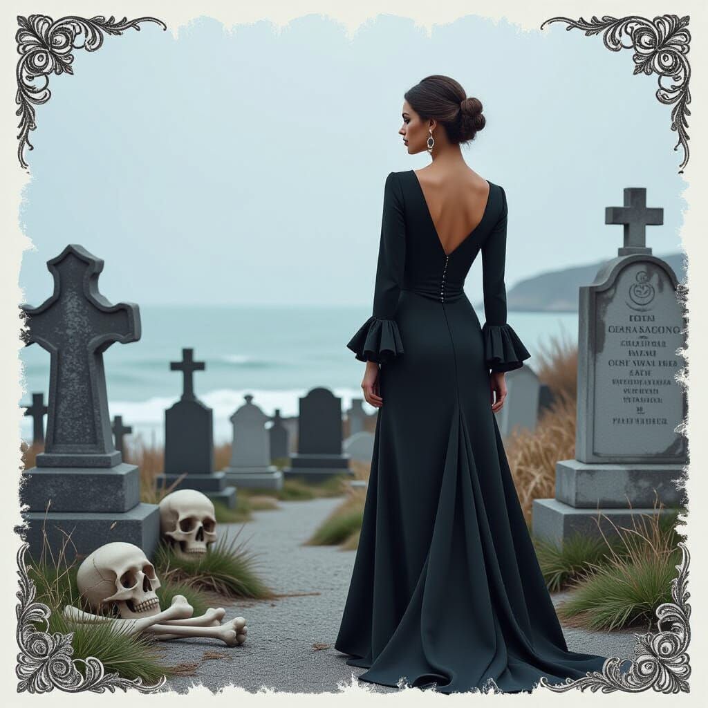 Elegant Woman in Stylish Clothes by Coastline, Cemetery Back...