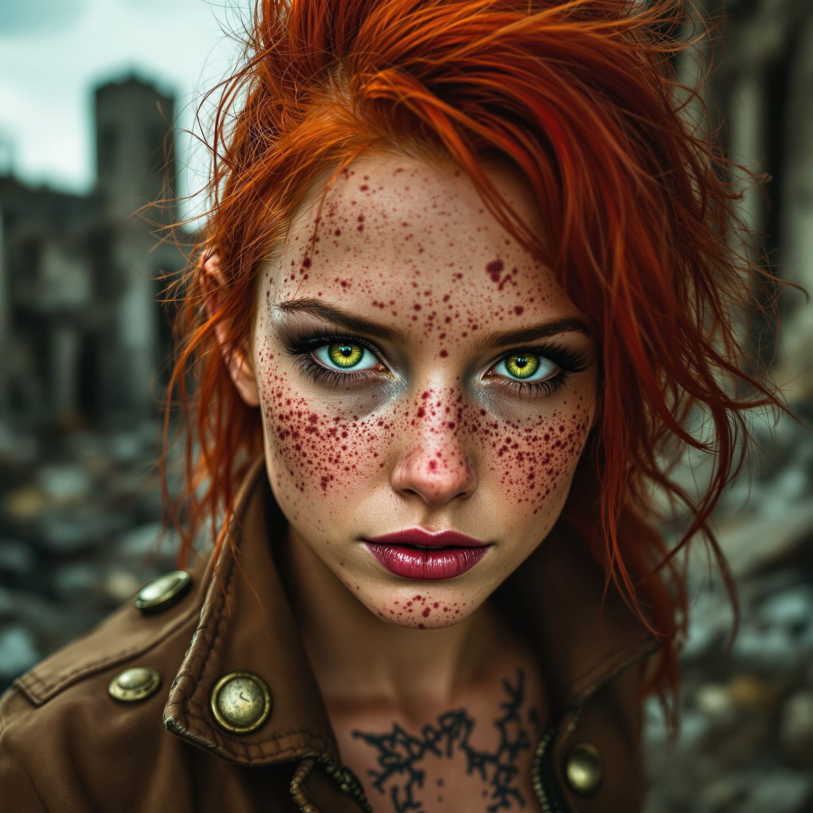 Freckled Woman in Leather Jacket Amidst Ruins