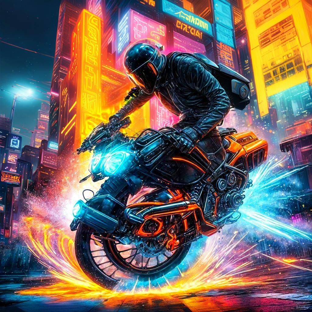 Cyberpunk Biker Speeds Through Neon City