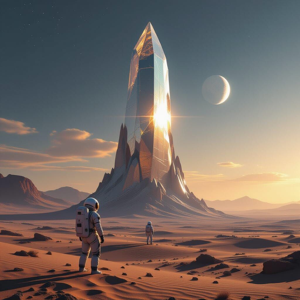 Astronaut Gazes at Giant Crystal on Alien Planet