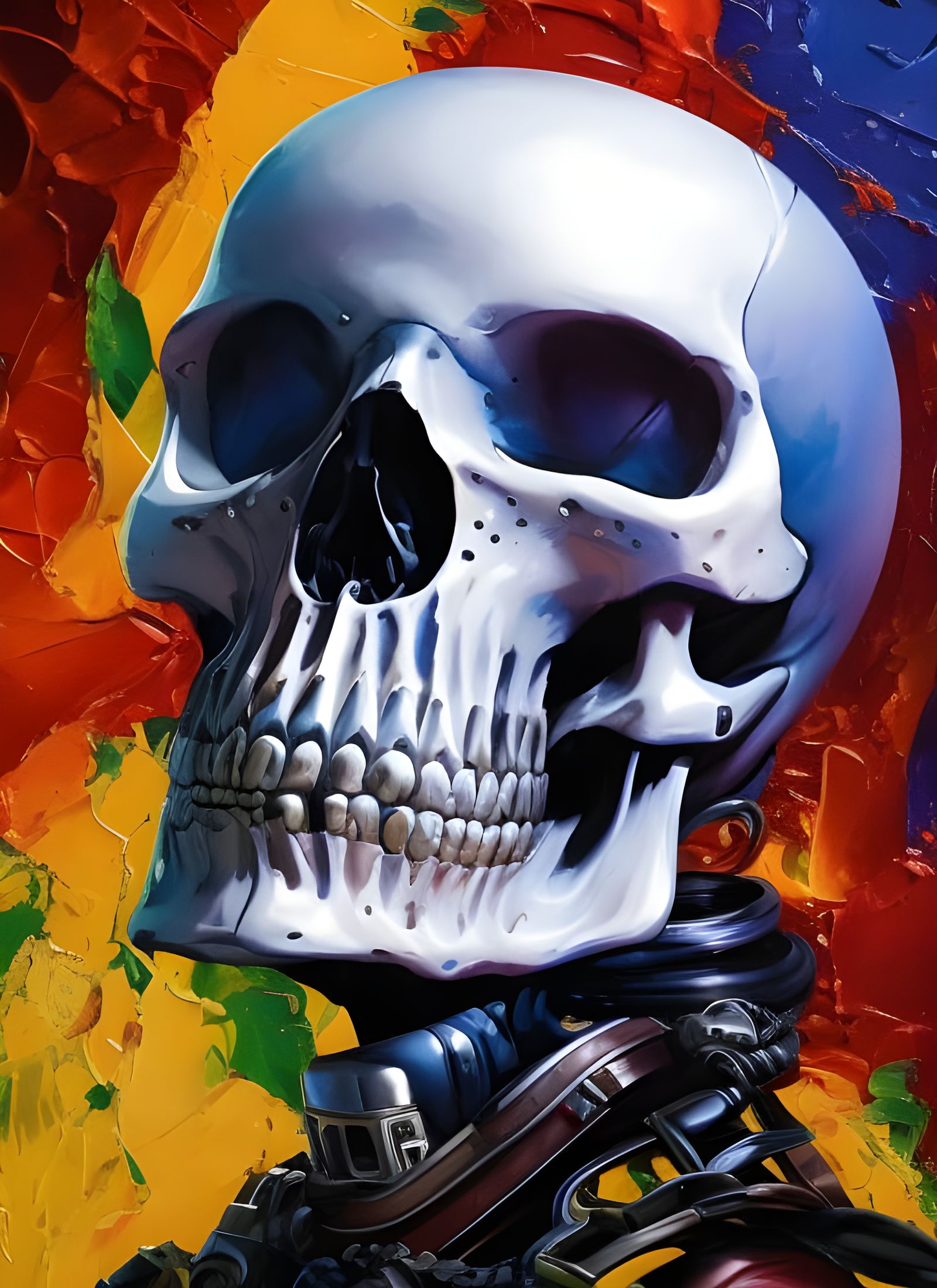 Cyberpunk Skeleton Portrait in Vibrant Oil Stains