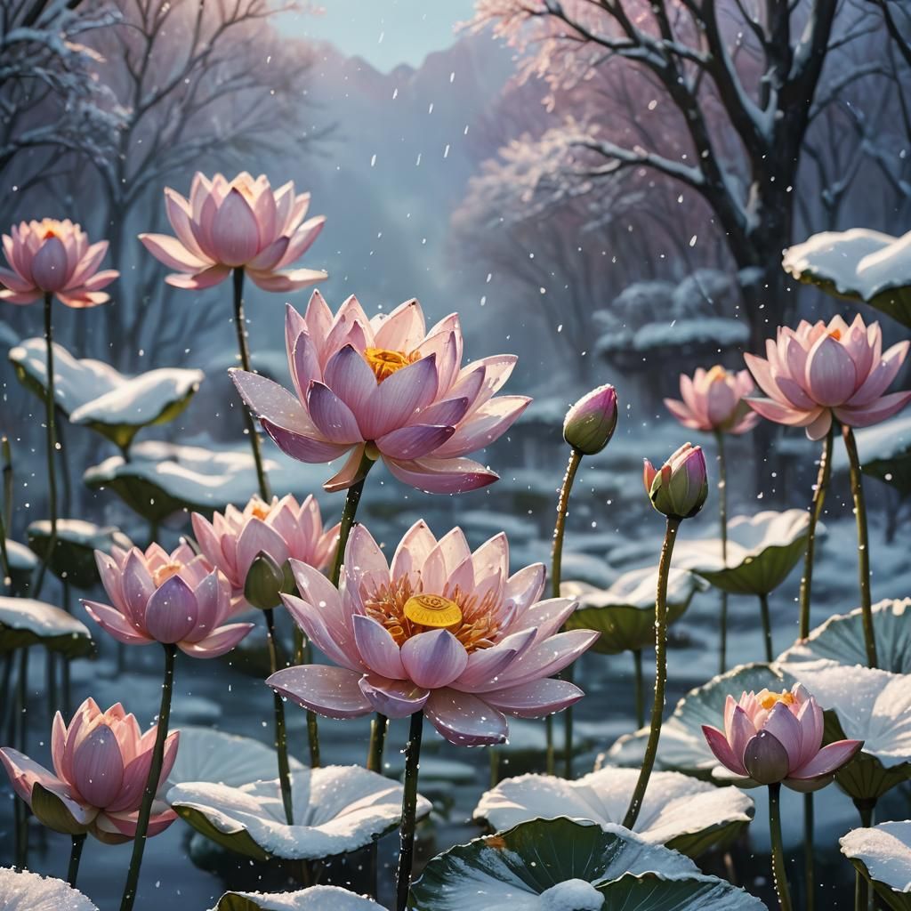 Surreal Winter Lotus in Vibrant Hyperrealism