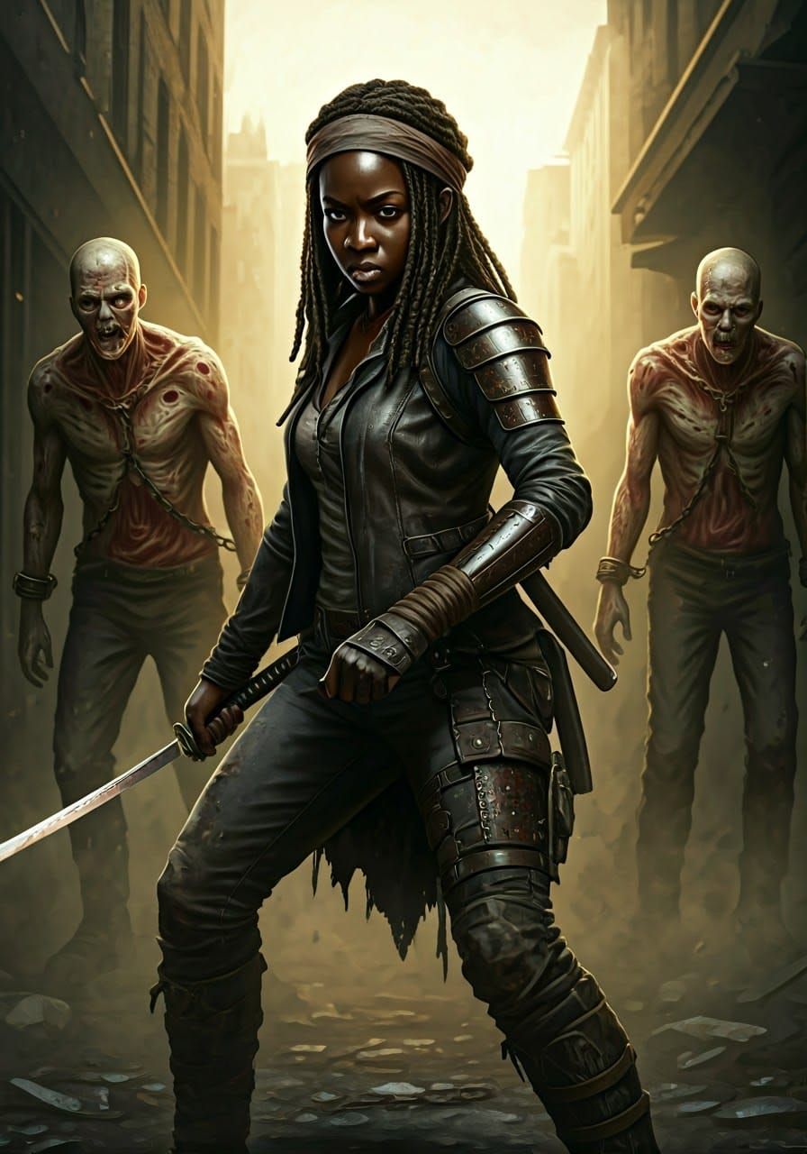 Michonne in Intense Battle Stance, Zombies Bound Behind