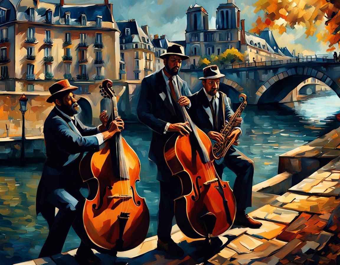 Jazz Musicians on Parisian Bridge in Post-Impressionist Styl...