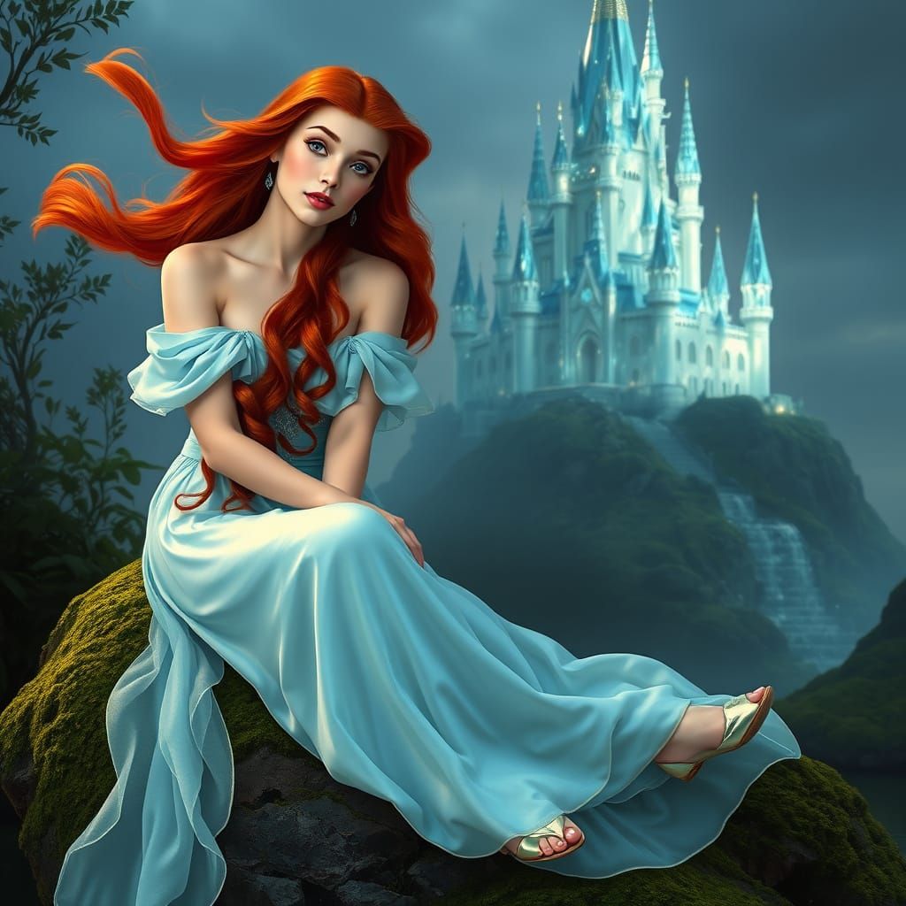Serenely Seated Fairy Tale Princess in a Glimmering Silk Gow...