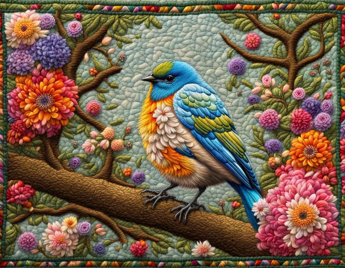 Vibrant Quilted Landscape with Magical Bird and Flowers