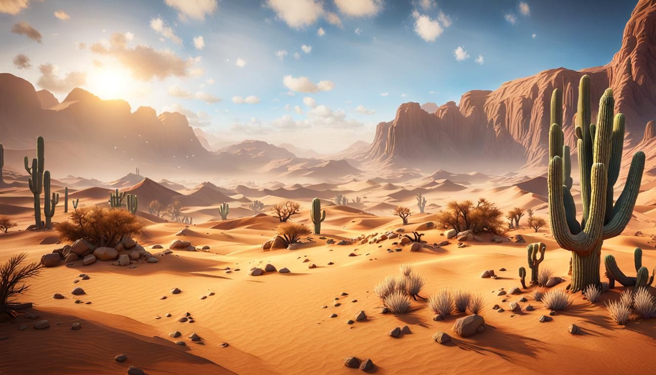 Gaming landscape desert theme (1.5) 3D Game Cinematic Feel, Epic 3D Videogame Graphics, Intricately Detailed, 8K Resolut...