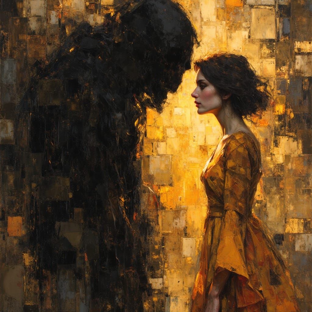 Girl Faces Shadowy Figure in Expressive Abstract Style