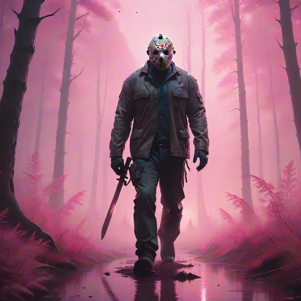 Jason Voorhees in Ethereal Pink Foggy Forest