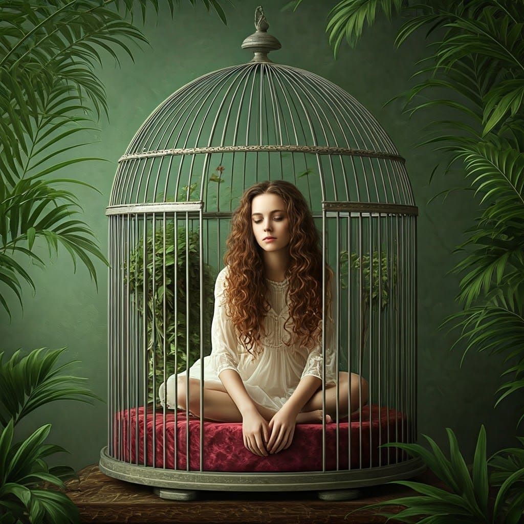 Woman in Glass Birdcage: Surreal Dreamscape