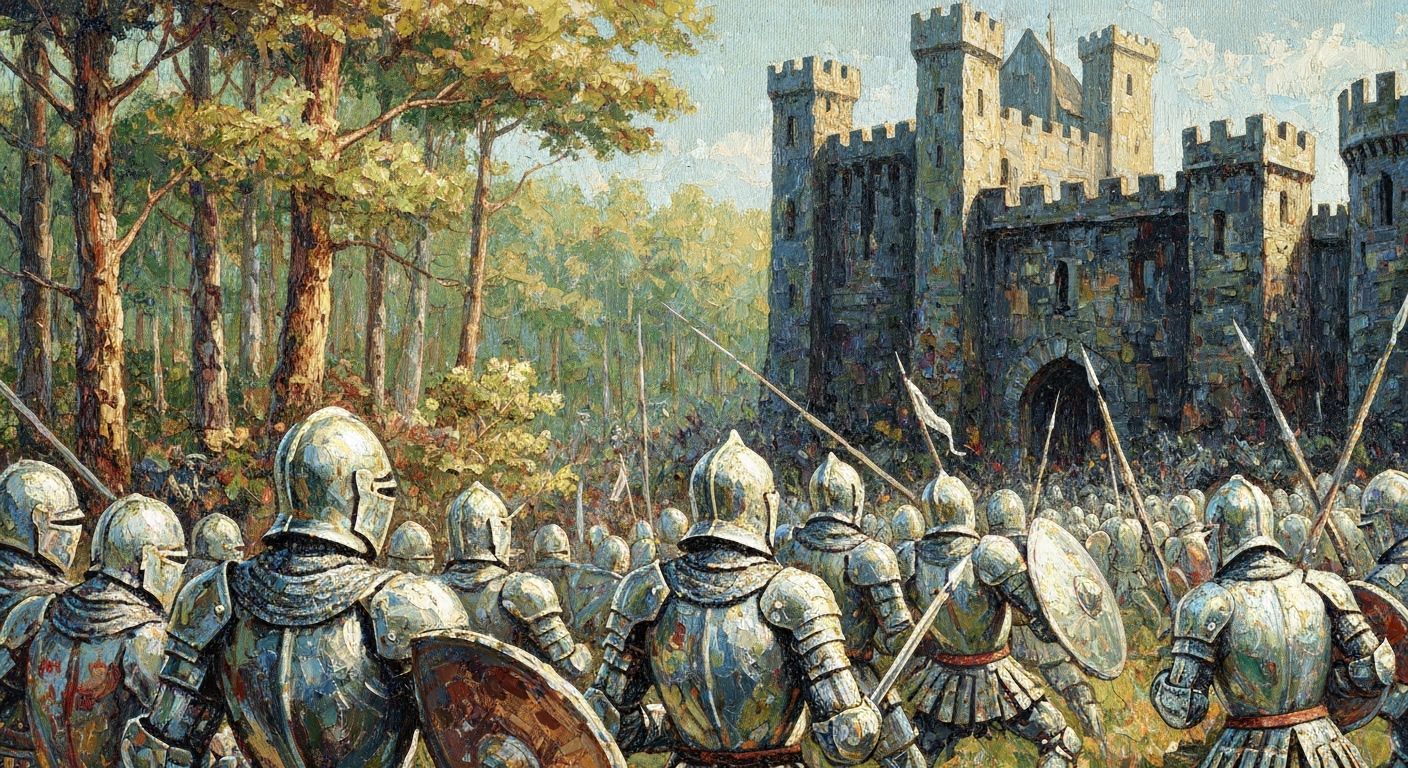 Knights Charge Castle in Medieval Tapestry Style