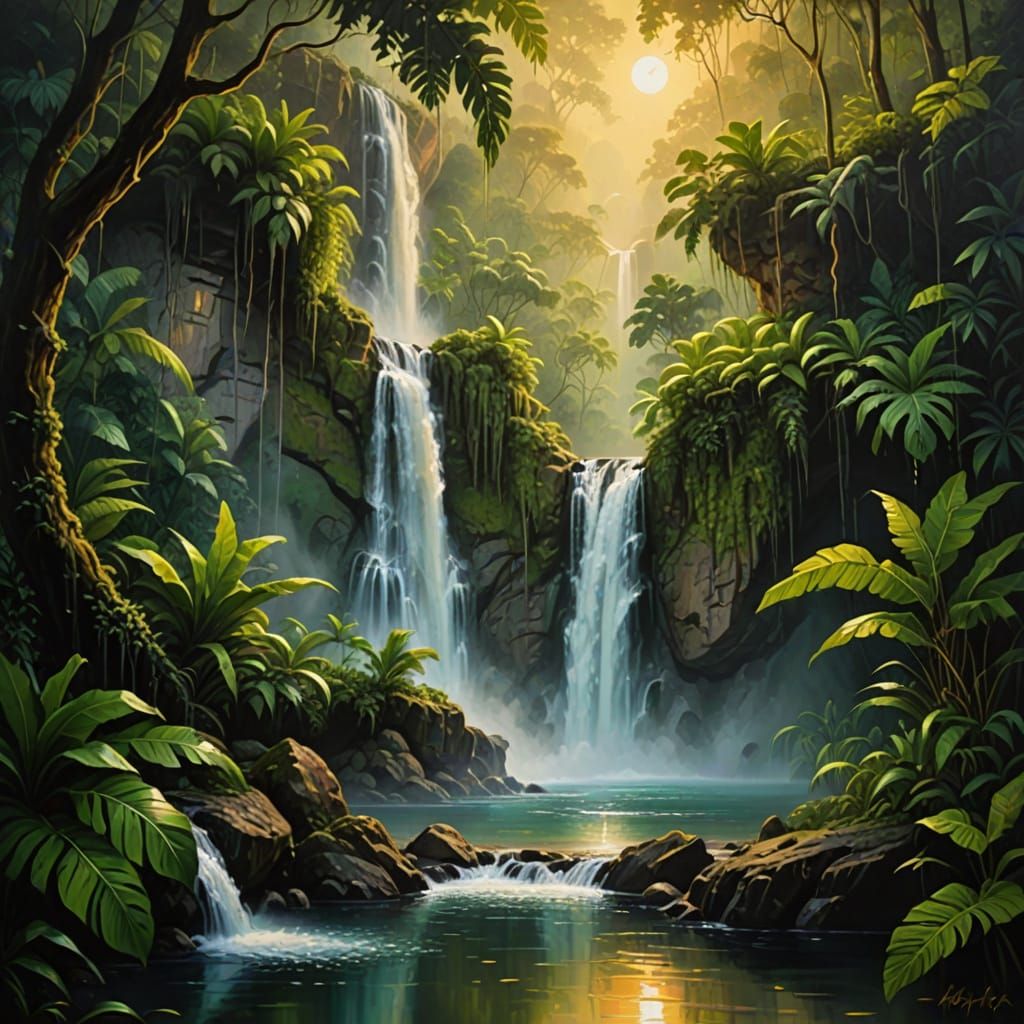 Detailed oil painting. Medium shot. Waterfalls cascade from cliffs floating in the air over a rainforest to a pool. Warm...