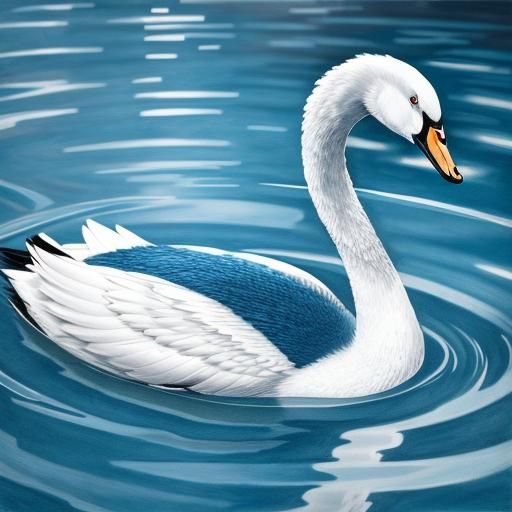 Detailed Swan in a Pool, Charcoal Drawing in Blue