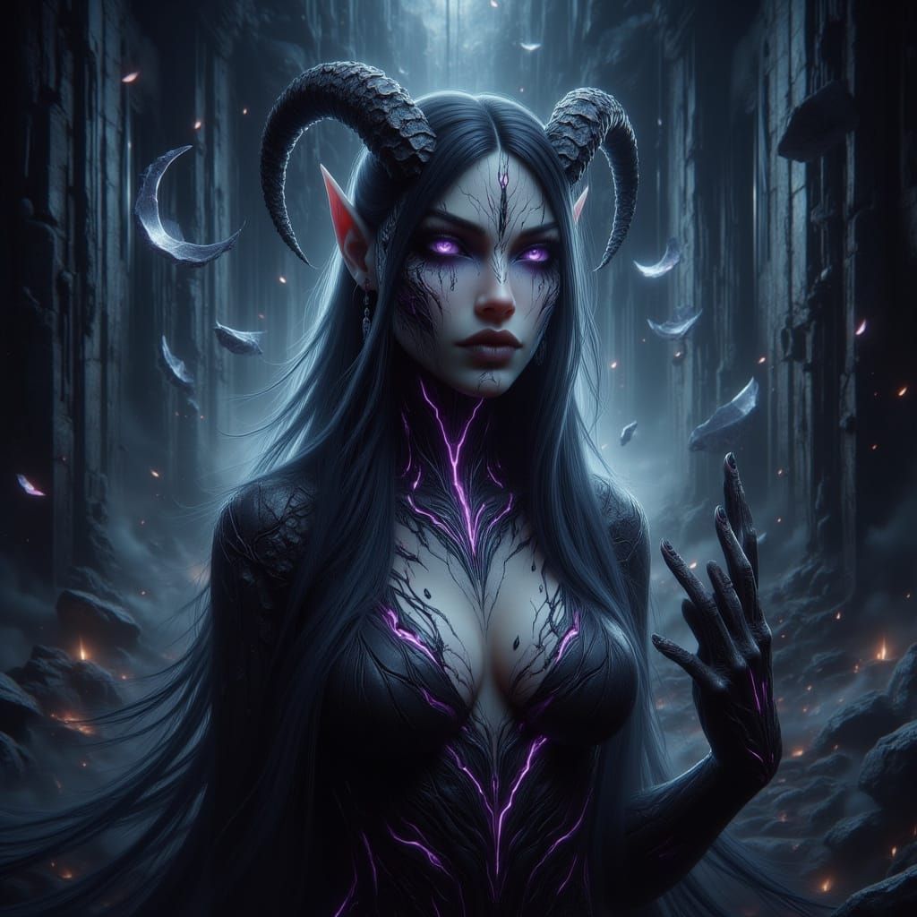 Heroic Tiefling in Abandoned Temple, Matte Painting Style